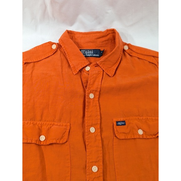 Vtg Polo Ralph Lauren Mens Size Large Safari Field Work Shirt Orange Linen Silk - Picture 4 of 9